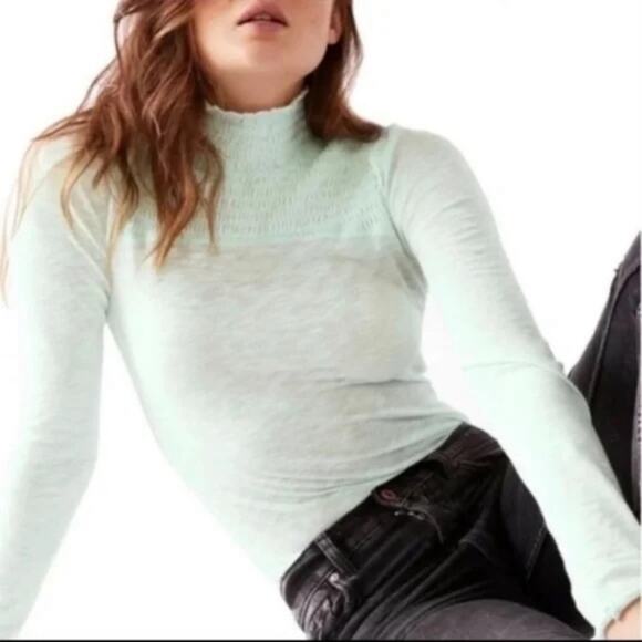 NWT Free People Caroline Mock Turtleneck Smocked Top Iced Aqua Mint Top - Picture 1 of 9